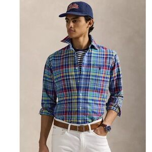 RALPH LAUREN Mens Small Oxford Plaid Button Up Shirt Red Blue Green Logo NWOT